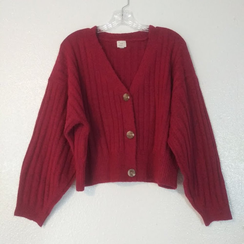 A New Day women's size M dark pink and black marbled button up sweater